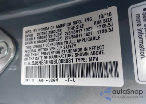 2011 Honda Cr-V Se from USA, damaged, VIN 5J6RE3H40BL008631